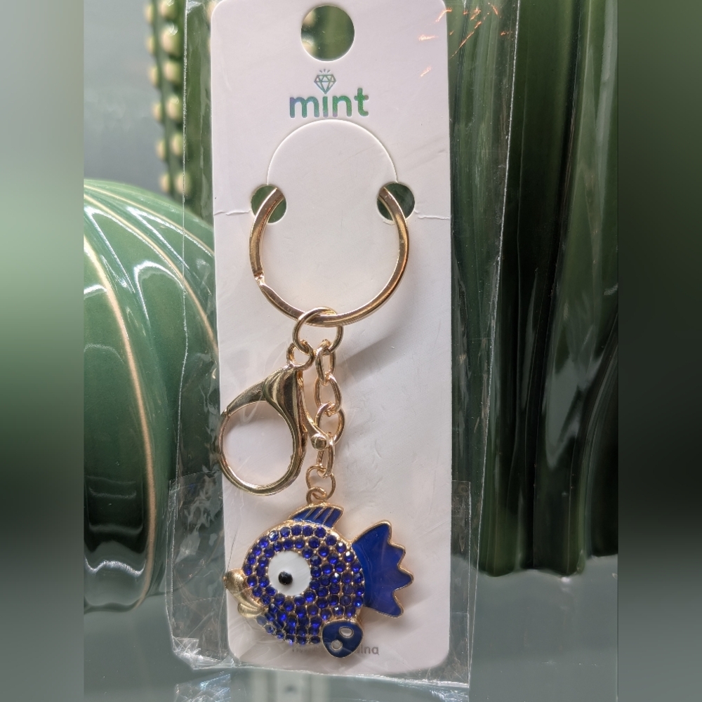 Mint Gold W/Royal Blue Rhinestones Fish Keychain/Bagcharm.